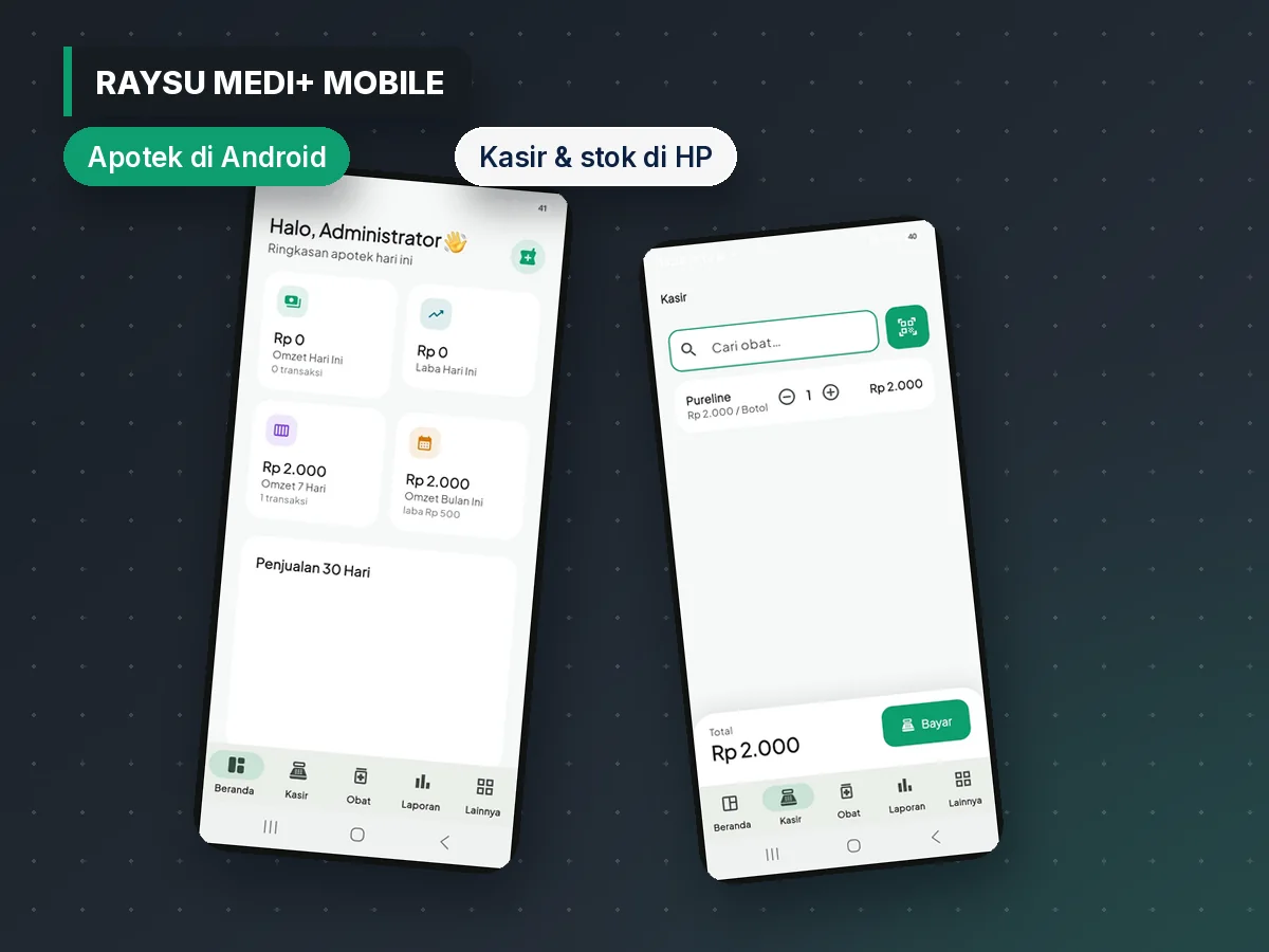 Aplikasi apotek Raysu Medi+ versi Android: beranda dan kasir