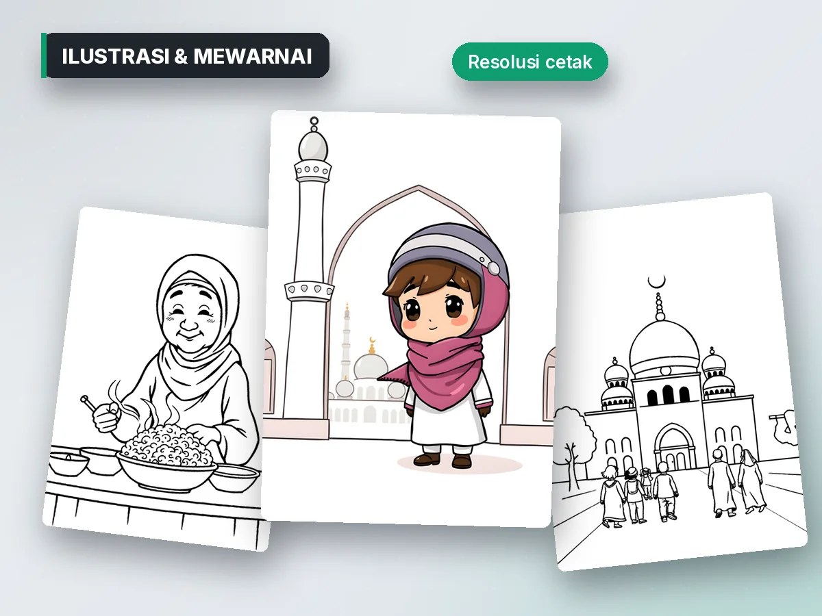 Ilustrasi anak dan lembar mewarnai bertema masjid