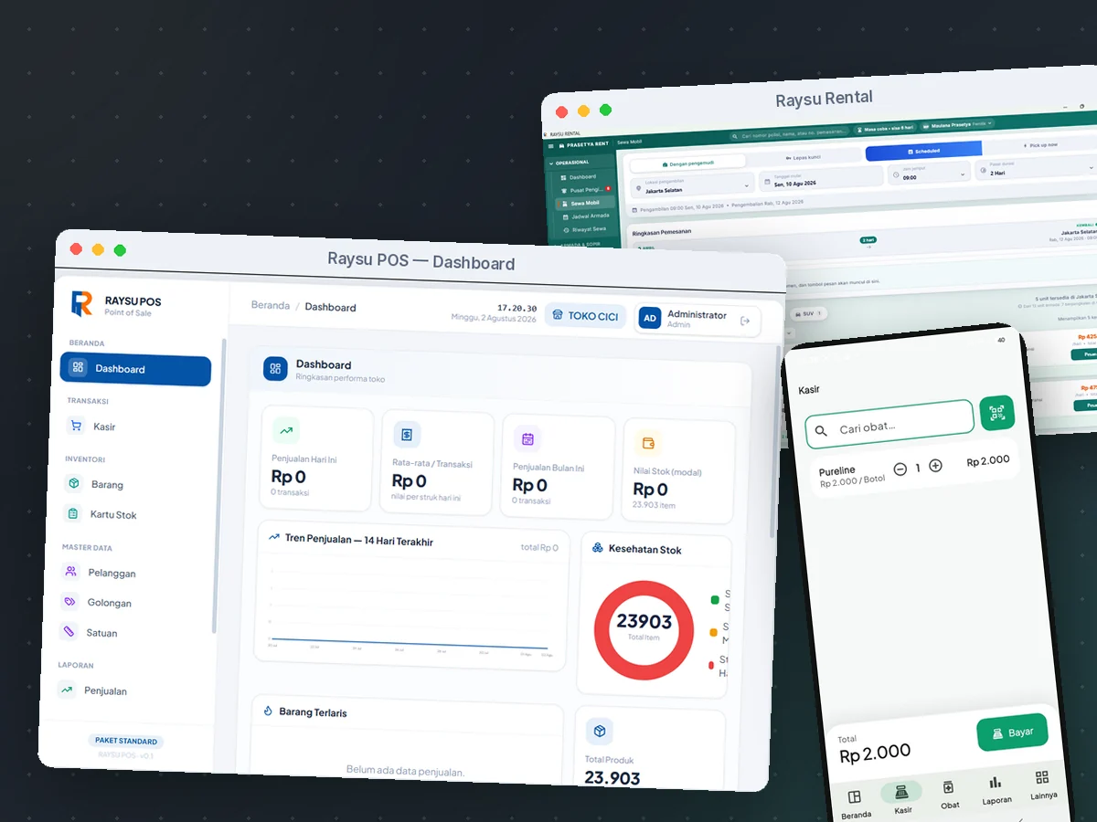 Aplikasi Raysu POS, Raysu Rental, dan Apotek di desktop dan ponsel